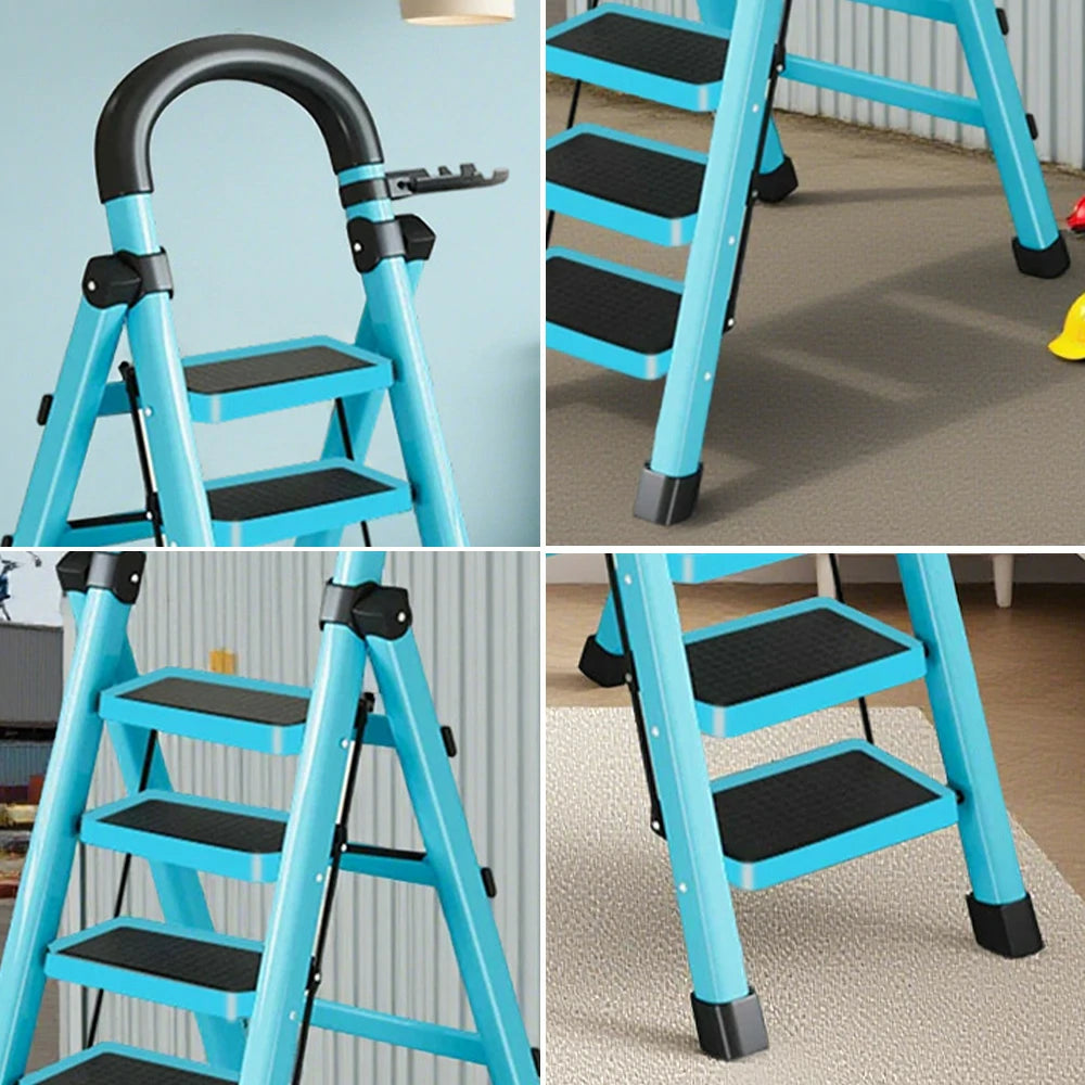 GROVIA 4/5/6 Step Carbon Alloy Steel Folding Ladder, Extra-Wide 27cm Pedals, Tool Tray, Anti-Slip Feet, Heavy-Duty Design - Blue