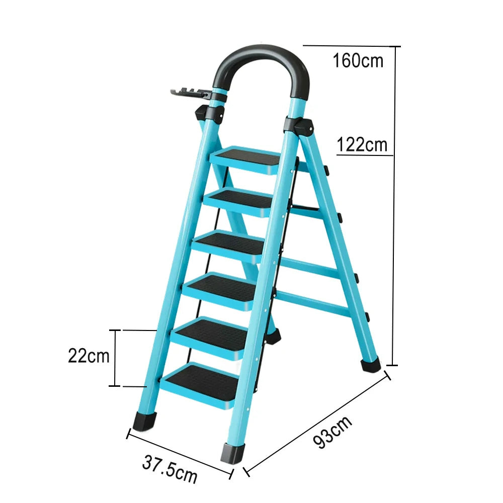 GROVIA 4/5/6 Step Carbon Alloy Steel Folding Ladder, Extra-Wide 27cm Pedals, Tool Tray, Anti-Slip Feet, Heavy-Duty Design - Blue