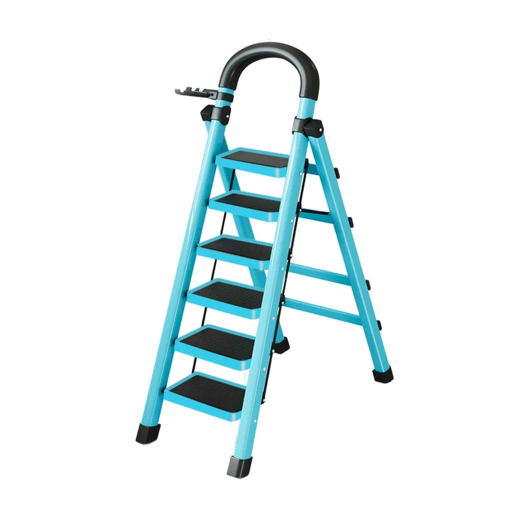 GROVIA 4/5/6 Step Carbon Alloy Steel Folding Ladder, Extra-Wide 27cm Pedals, Tool Tray, Anti-Slip Feet, Heavy-Duty Design - Blue