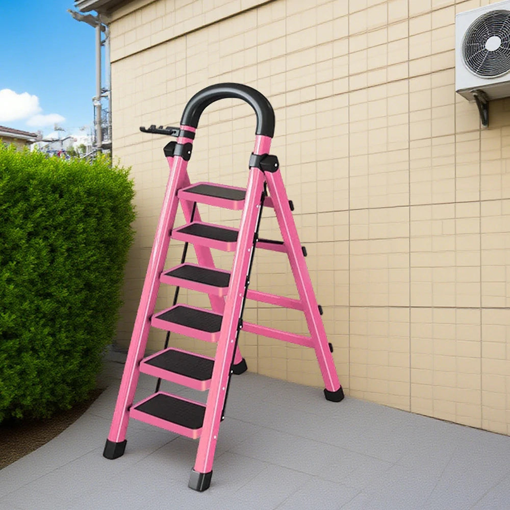 GROVIA 4/5/6 Step Carbon Alloy Steel Folding Ladder, Extra-Wide 27cm Pedals, Tool Tray, Anti-Slip Feet, Heavy-Duty Design - Pink