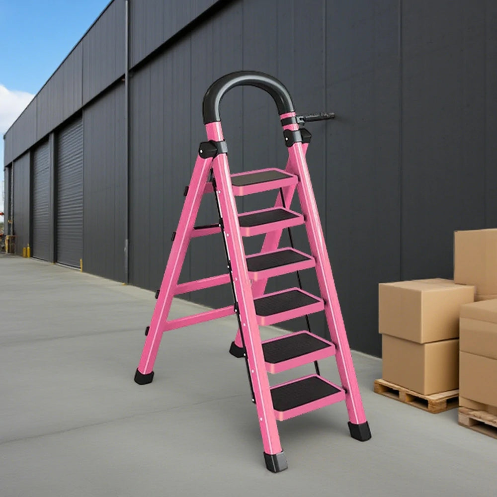 GROVIA 4/5/6 Step Carbon Alloy Steel Folding Ladder, Extra-Wide 27cm Pedals, Tool Tray, Anti-Slip Feet, Heavy-Duty Design - Pink