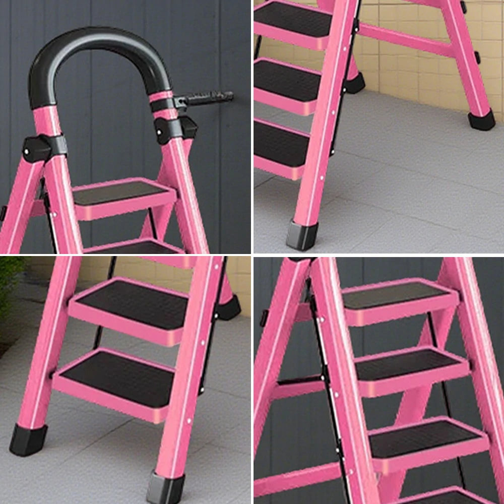 GROVIA 4/5/6 Step Carbon Alloy Steel Folding Ladder, Extra-Wide 27cm Pedals, Tool Tray, Anti-Slip Feet, Heavy-Duty Design - Pink