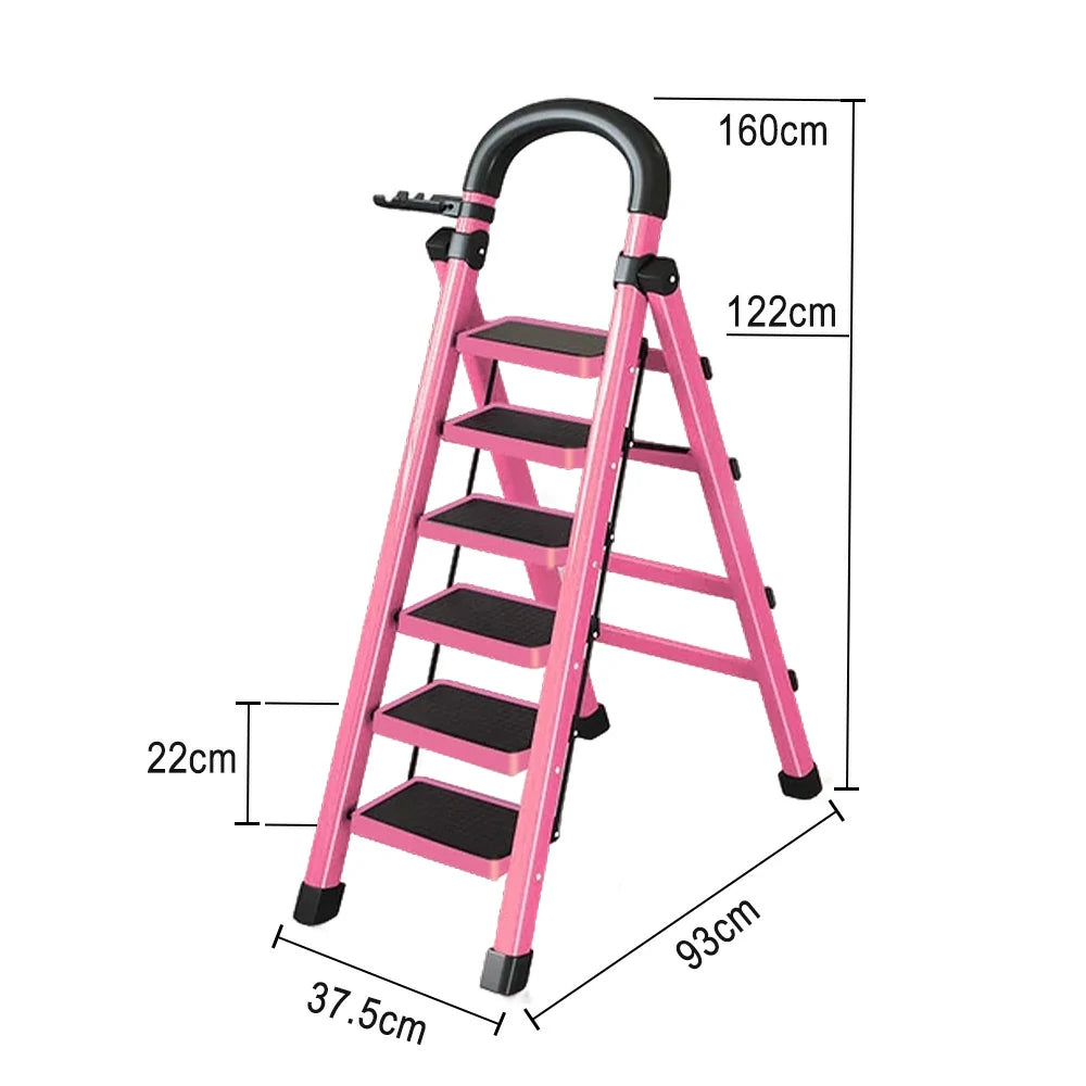 GROVIA 4/5/6 Step Carbon Alloy Steel Folding Ladder, Extra-Wide 27cm Pedals, Tool Tray, Anti-Slip Feet, Heavy-Duty Design - Pink
