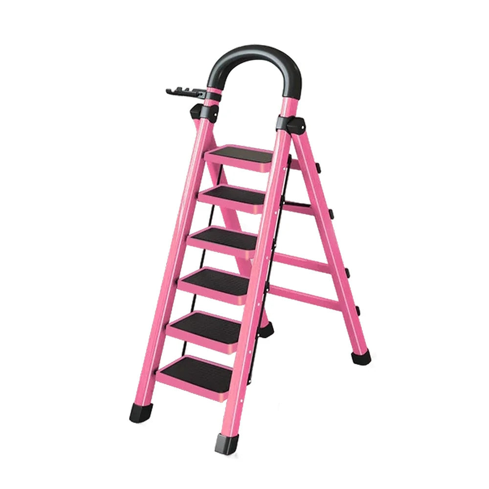 GROVIA 4/5/6 Step Carbon Alloy Steel Folding Ladder, Extra-Wide 27cm Pedals, Tool Tray, Anti-Slip Feet, Heavy-Duty Design - Pink