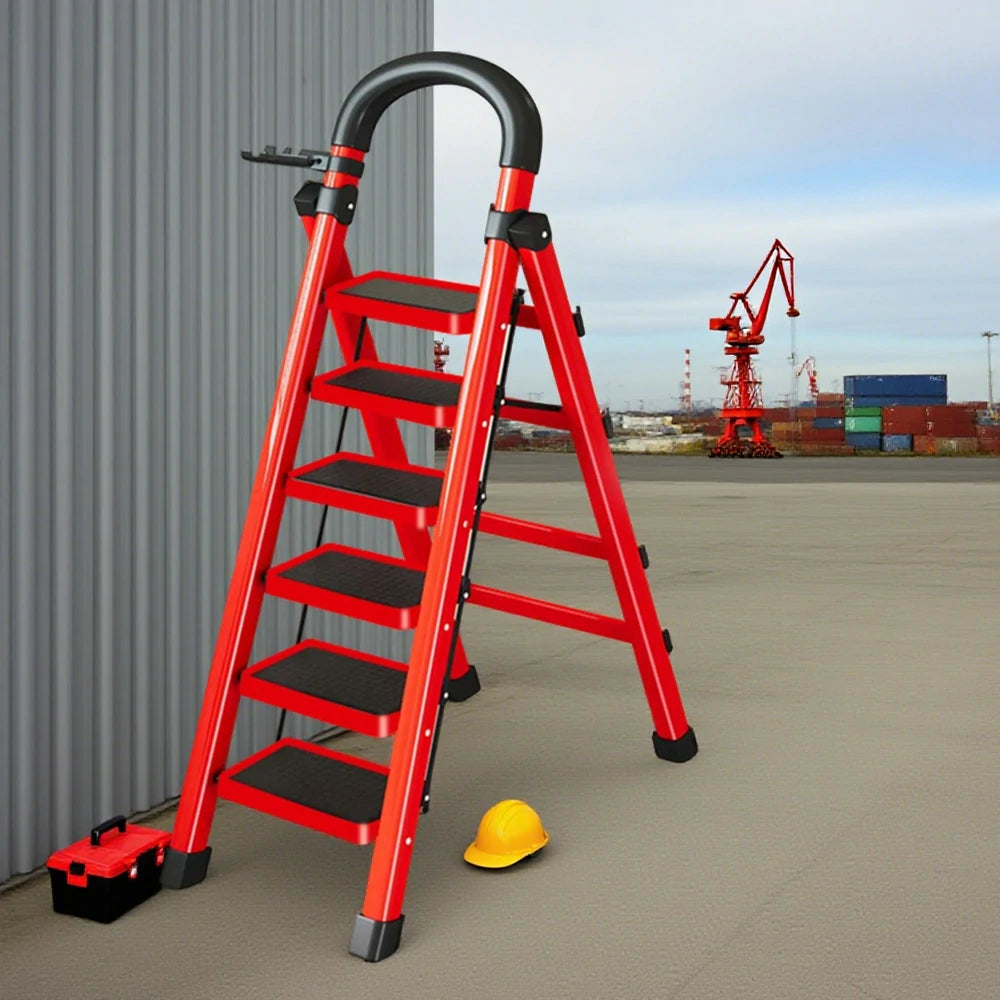 GROVIA 4/5/6 Step Carbon Alloy Steel Folding Ladder, Extra-Wide 27cm Pedals, Tool Tray, Anti-Slip Feet, Heavy-Duty Design - Red