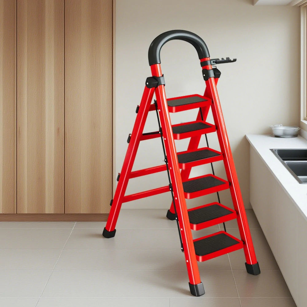 GROVIA 4/5/6 Step Carbon Alloy Steel Folding Ladder, Extra-Wide 27cm Pedals, Tool Tray, Anti-Slip Feet, Heavy-Duty Design - Red