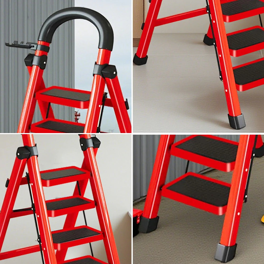 GROVIA 4/5/6 Step Carbon Alloy Steel Folding Ladder, Extra-Wide 27cm Pedals, Tool Tray, Anti-Slip Feet, Heavy-Duty Design - Red