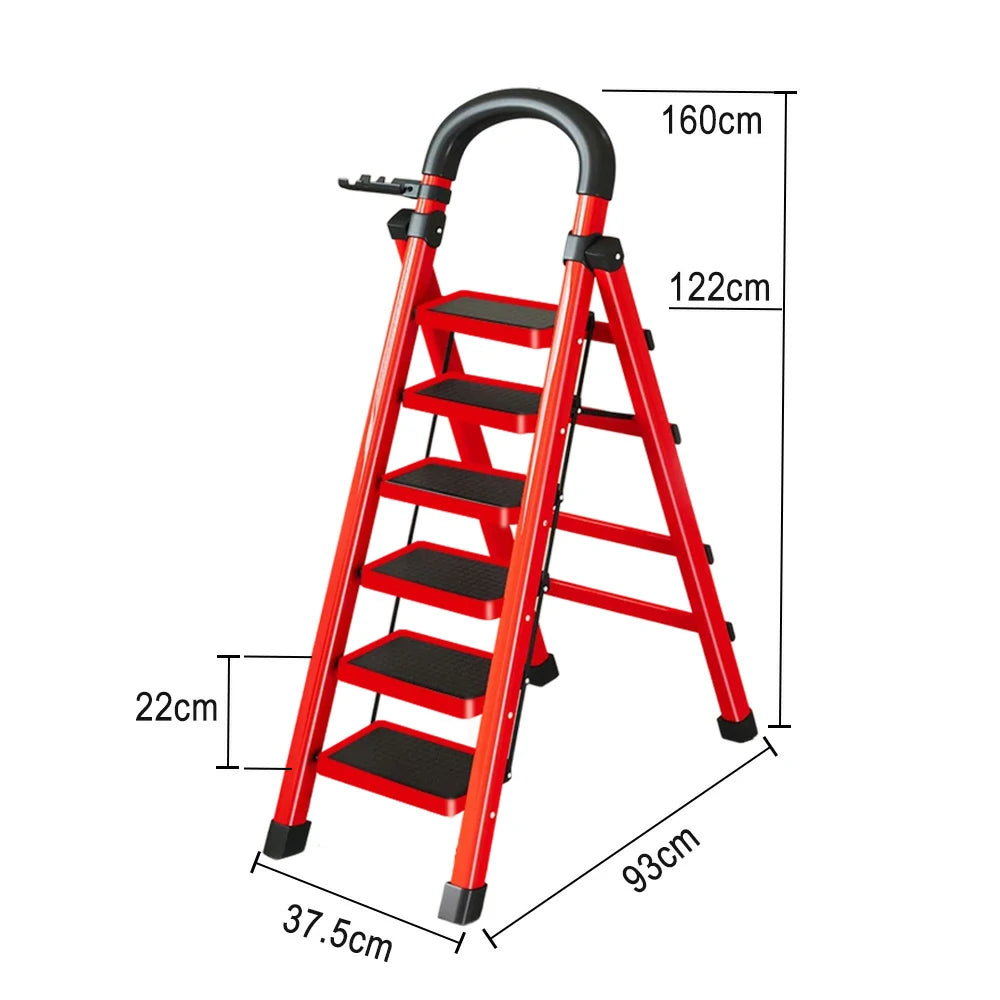 GROVIA 4/5/6 Step Carbon Alloy Steel Folding Ladder, Extra-Wide 27cm Pedals, Tool Tray, Anti-Slip Feet, Heavy-Duty Design - Red