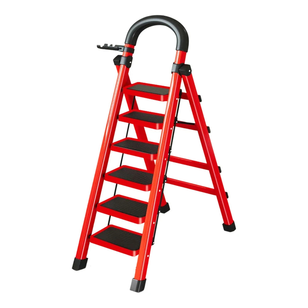 GROVIA 4/5/6 Step Carbon Alloy Steel Folding Ladder, Extra-Wide 27cm Pedals, Tool Tray, Anti-Slip Feet, Heavy-Duty Design - Red