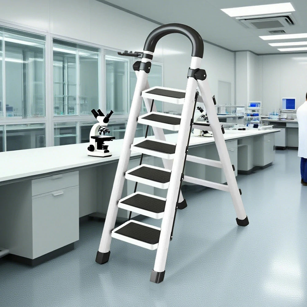 GROVIA 4/5/6 Step Carbon Alloy Steel Folding Ladder, Extra-Wide 27cm Pedals, Tool Tray, Anti-Slip Feet, Heavy-Duty Design - White