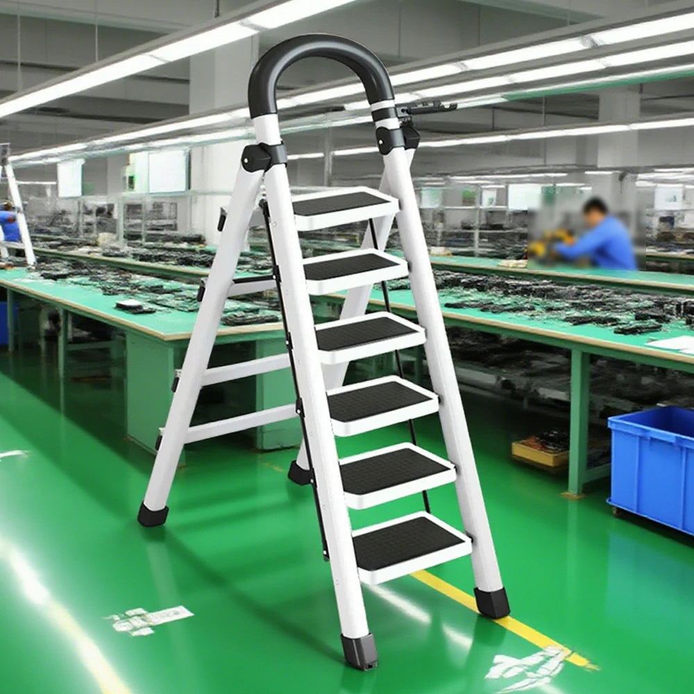 GROVIA 4/5/6 Step Carbon Alloy Steel Folding Ladder, Extra-Wide 27cm Pedals, Tool Tray, Anti-Slip Feet, Heavy-Duty Design - White
