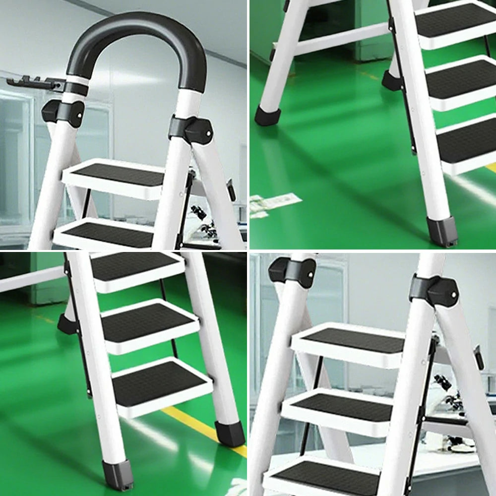 GROVIA 4/5/6 Step Carbon Alloy Steel Folding Ladder, Extra-Wide 27cm Pedals, Tool Tray, Anti-Slip Feet, Heavy-Duty Design - White