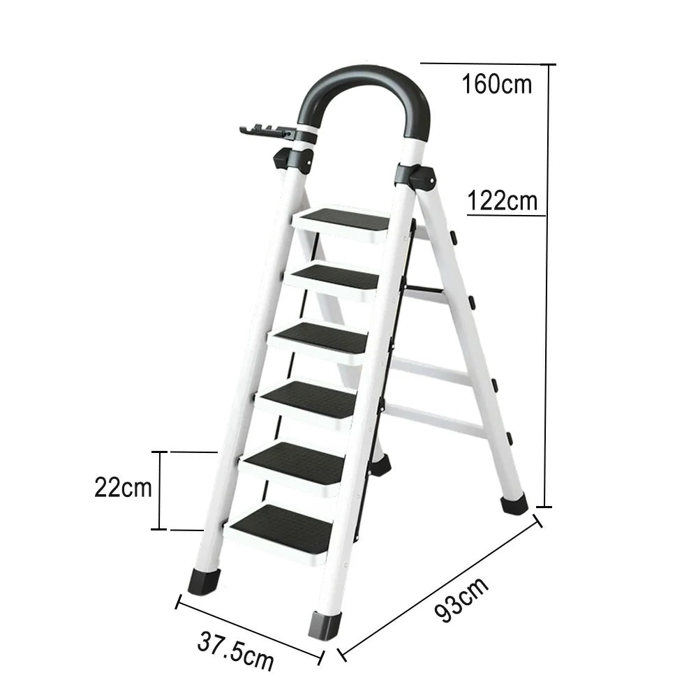 GROVIA 4/5/6 Step Carbon Alloy Steel Folding Ladder, Extra-Wide 27cm Pedals, Tool Tray, Anti-Slip Feet, Heavy-Duty Design - White