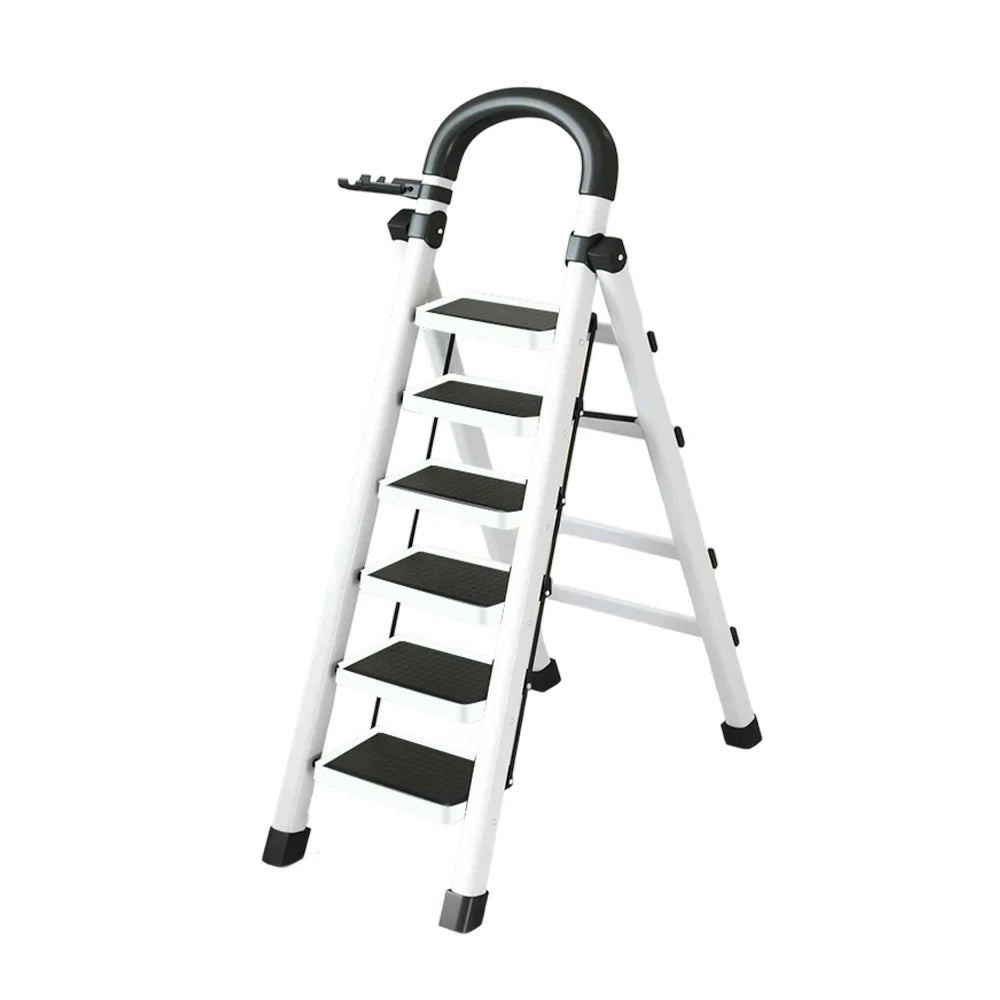GROVIA 4/5/6 Step Carbon Alloy Steel Folding Ladder, Extra-Wide 27cm Pedals, Tool Tray, Anti-Slip Feet, Heavy-Duty Design - White