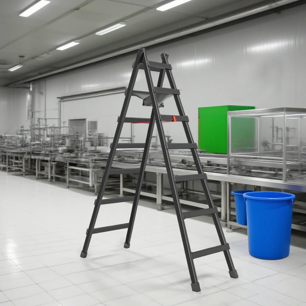 GROVIA 7/8/9-Step Carbon Steel Walking Ladder - Built-in Canvas Tool Bag, Stable Structure - Black