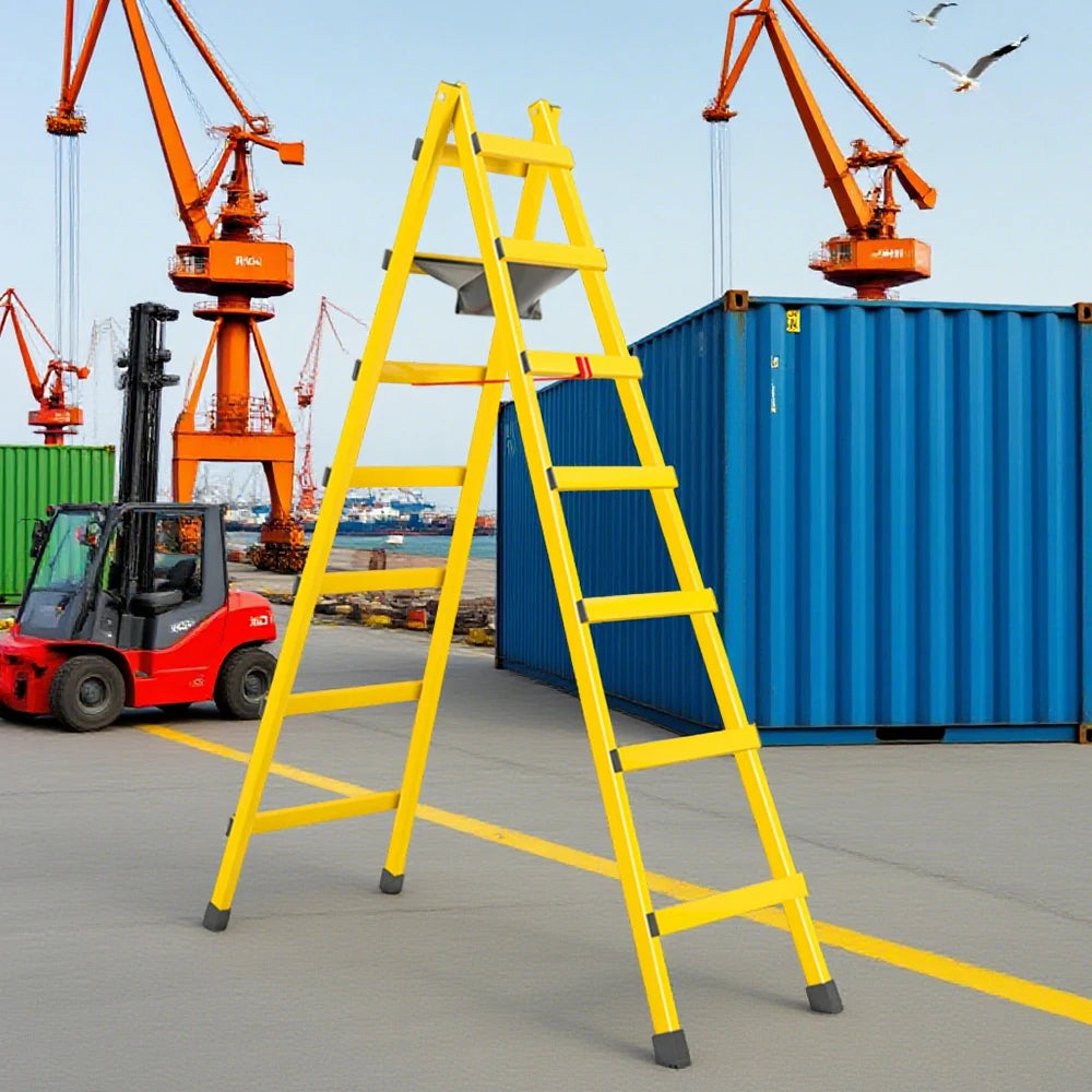 GROVIA 7/8/9-Step Carbon Steel Walking Ladder - Built-in Canvas Tool Bag, Stable Structure - Yellow