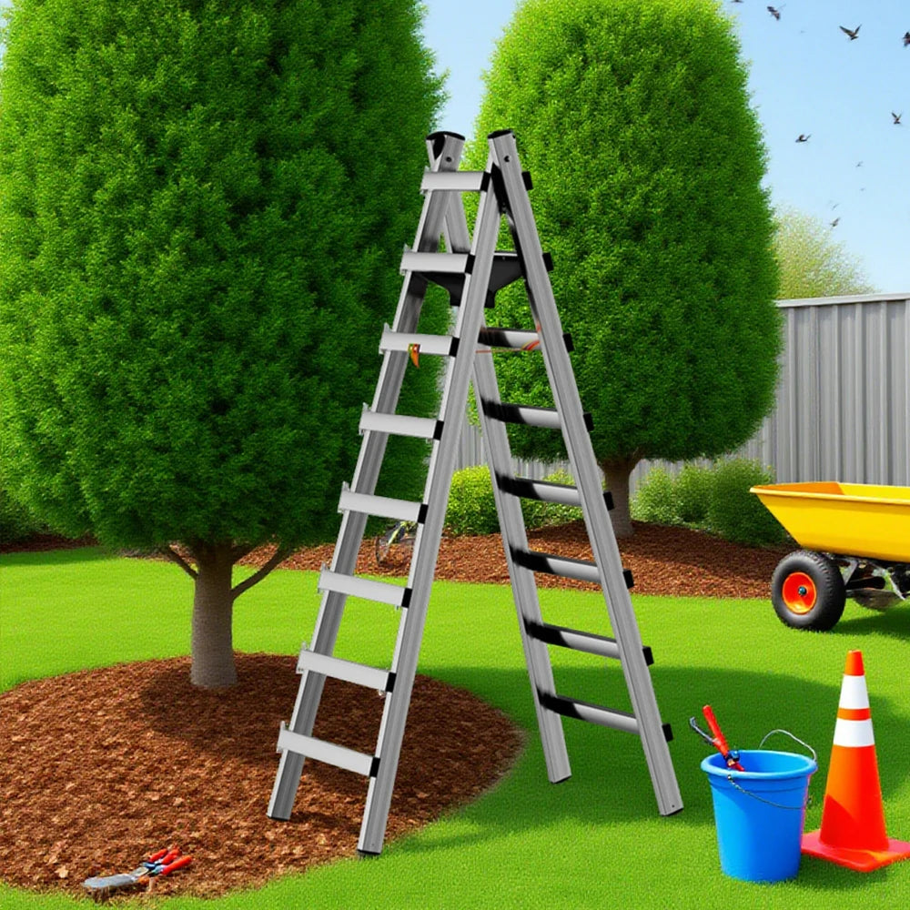 GROVIA 7/8/9-Step Stainless Steel Walking Ladder - Built-in Canvas Tool Bag, Stable Design