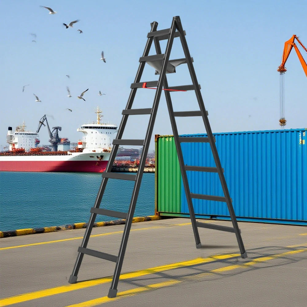 GROVIA 7/8/9-Step Carbon Steel Walking Ladder - Built-in Canvas Tool Bag, Stable Structure - Black