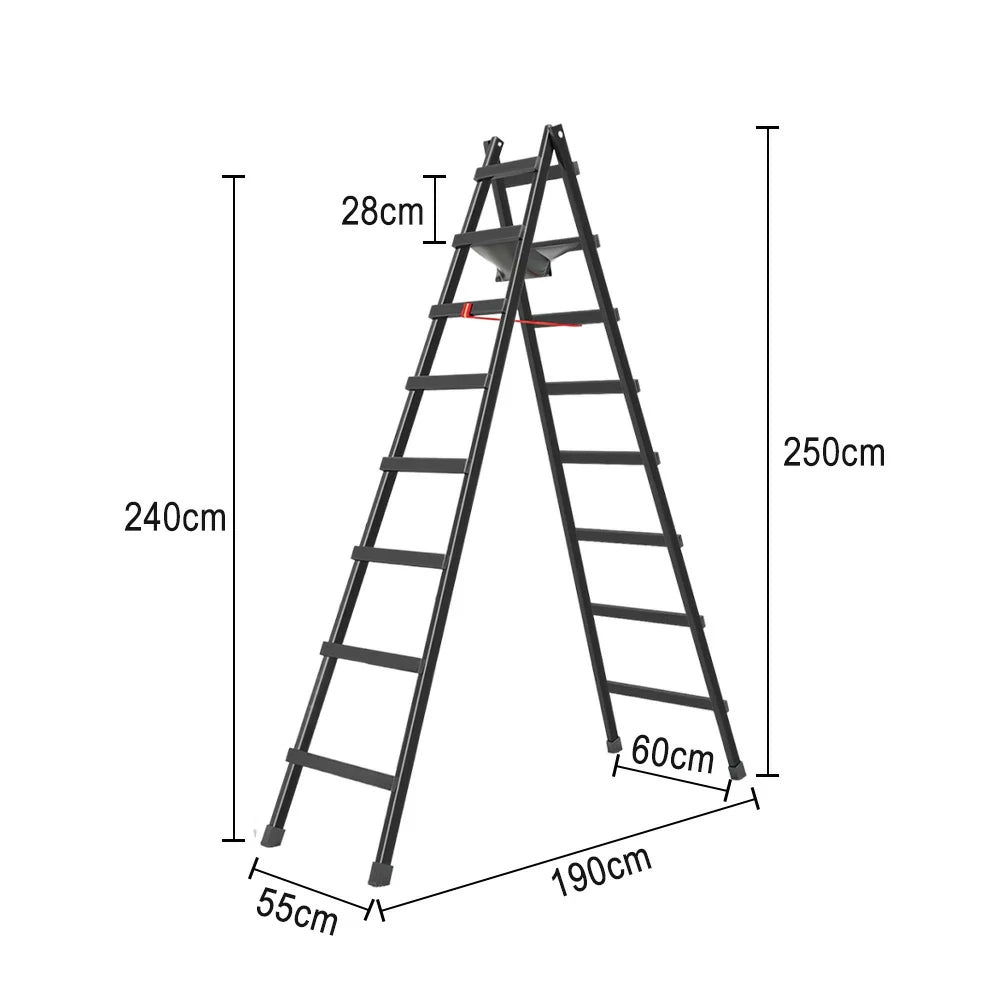 GROVIA 7/8/9-Step Carbon Steel Walking Ladder - Built-in Canvas Tool Bag, Stable Structure - Black