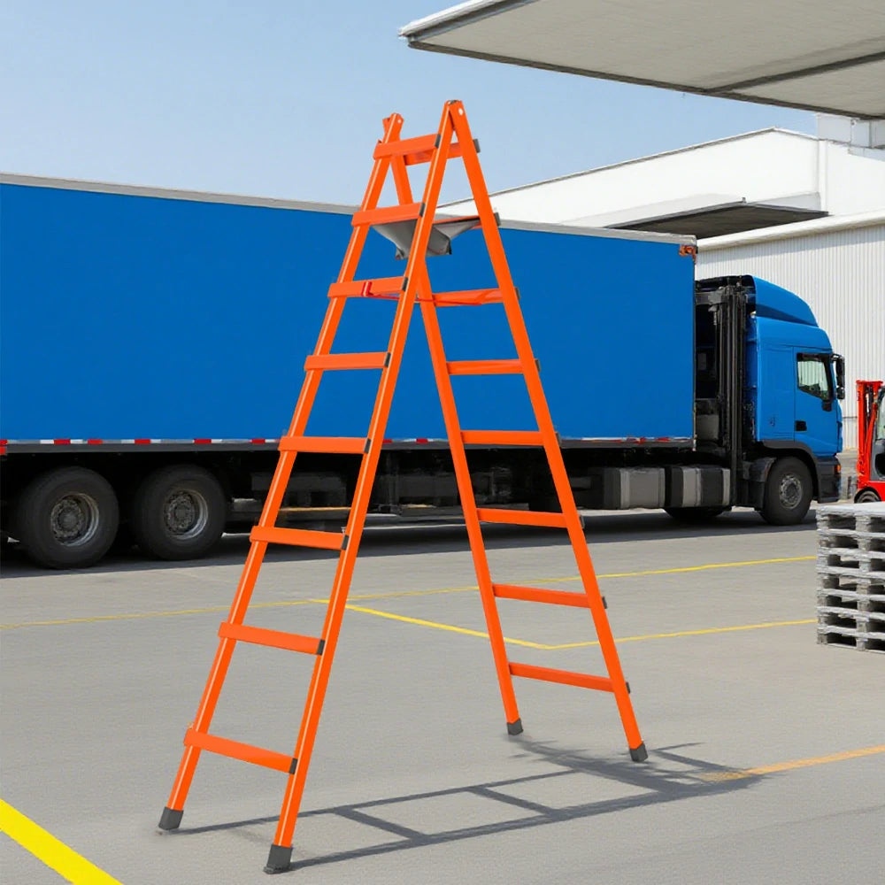 GROVIA 7/8/9-Step Carbon Steel Walking Ladder - Built-in Canvas Tool Bag, Stable Structure - Orange