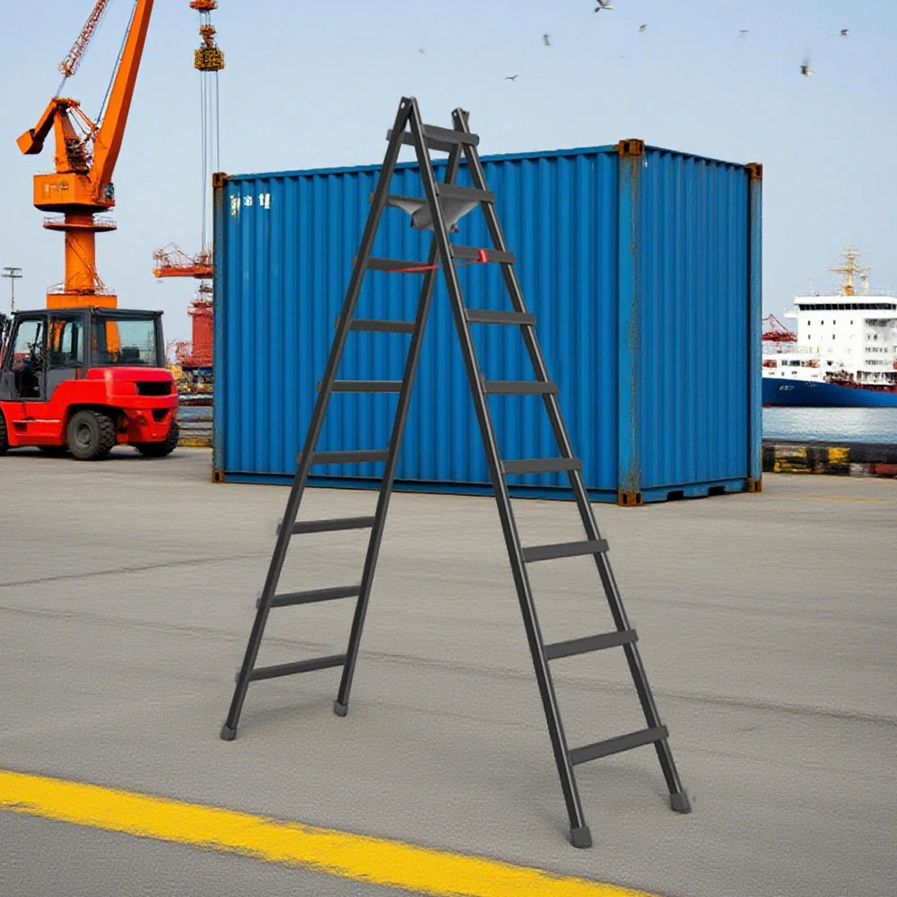 GROVIA 7/8/9-Step Carbon Steel Walking Ladder - Built-in Canvas Tool Bag, Stable Structure - Black