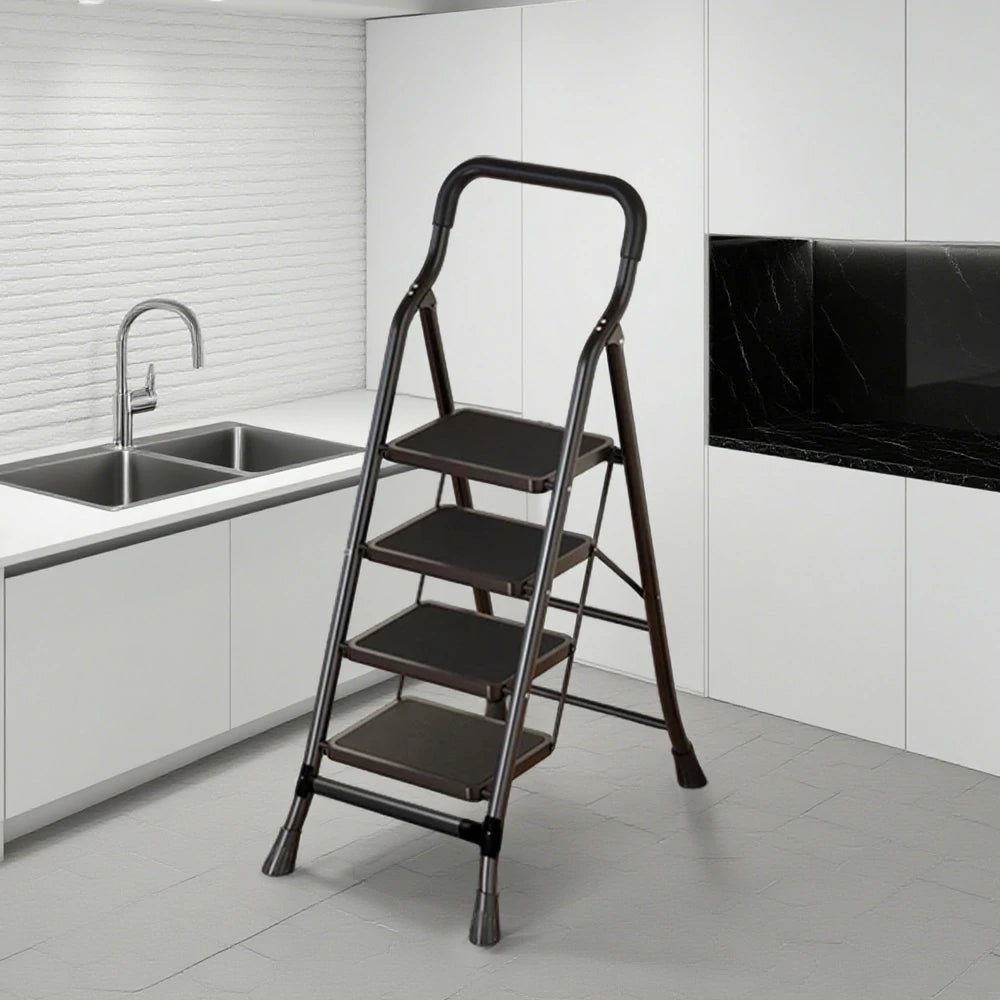 GROVIA 4/5/6-Step Carbon Steel Folding Ladder - 7cm Slim Design, 26cm Wide Non-Slip Pedal, Anti-Slip Feet - Black