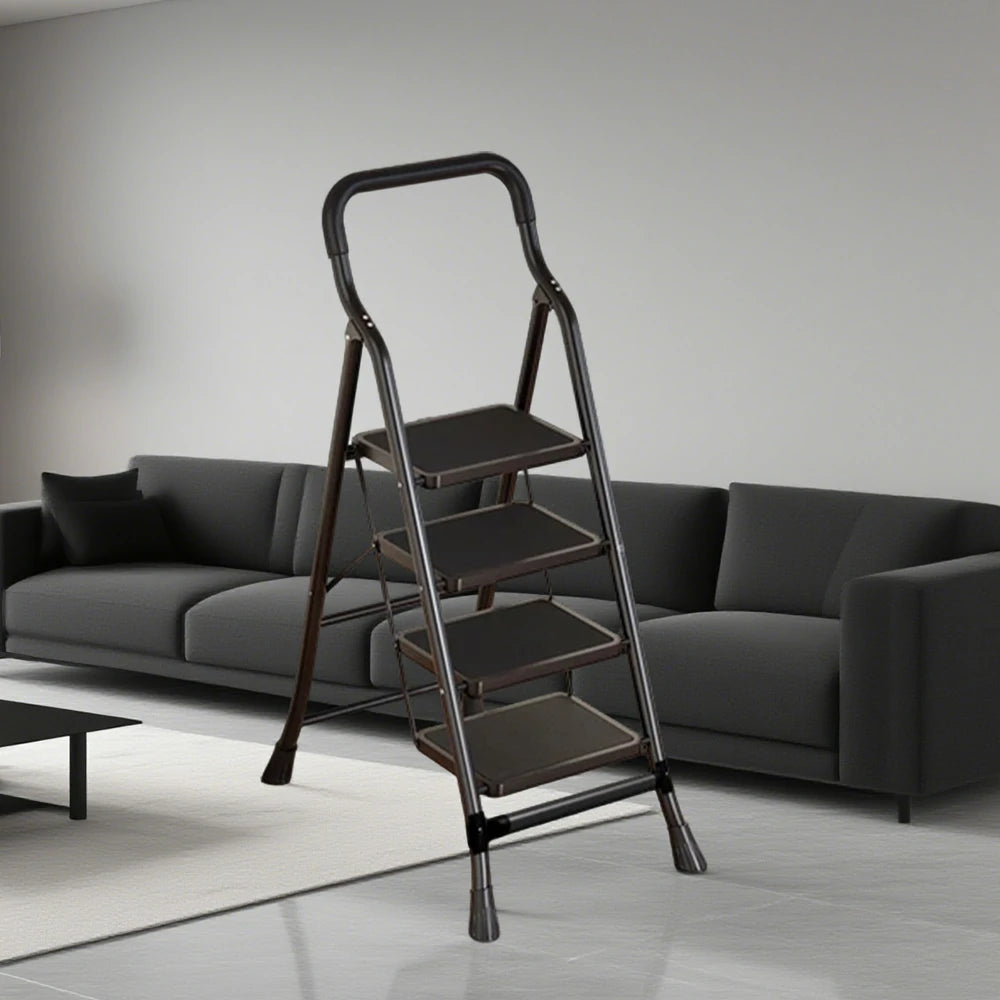 GROVIA 4/5/6-Step Carbon Steel Folding Ladder - 7cm Slim Design, 26cm Wide Non-Slip Pedal, Anti-Slip Feet - Black