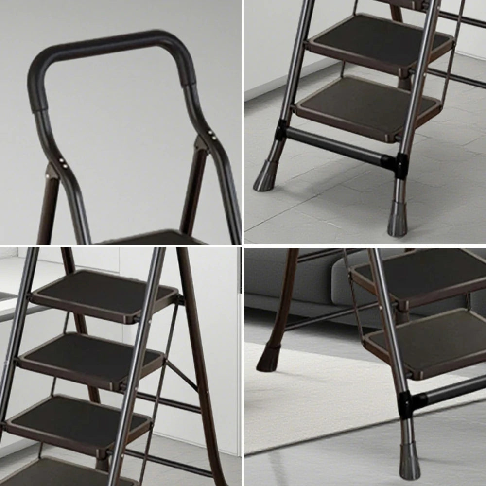 GROVIA 4/5/6-Step Carbon Steel Folding Ladder - 7cm Slim Design, 26cm Wide Non-Slip Pedal, Anti-Slip Feet - Black