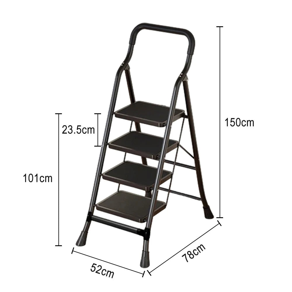 GROVIA 4/5/6-Step Carbon Steel Folding Ladder - 7cm Slim Design, 26cm Wide Non-Slip Pedal, Anti-Slip Feet - Black