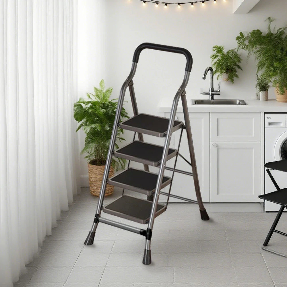 GROVIA 4/5/6-Step Carbon Steel Folding Ladder - 7cm Slim Design, 26cm Wide Non-Slip Pedal, Anti-Slip Feet - Gray