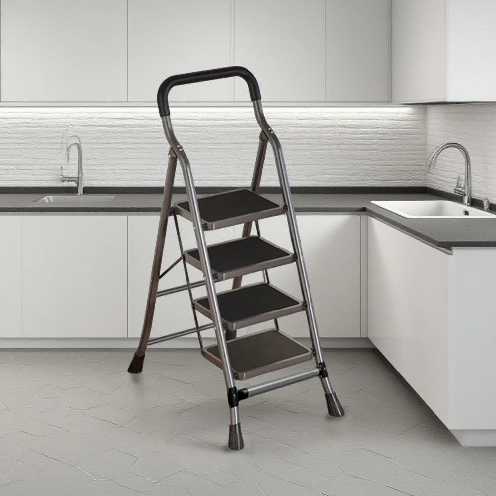 GROVIA 4/5/6-Step Carbon Steel Folding Ladder - 7cm Slim Design, 26cm Wide Non-Slip Pedal, Anti-Slip Feet - Gray