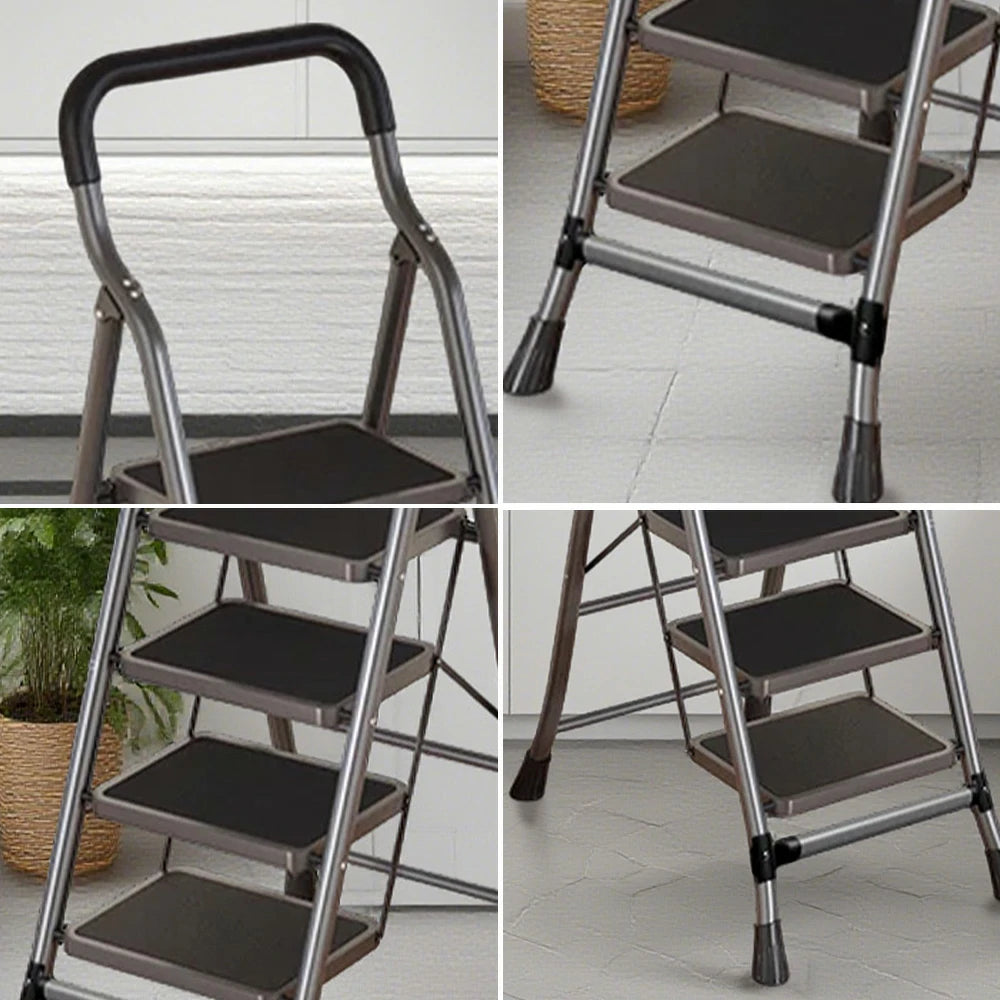 GROVIA 4/5/6-Step Carbon Steel Folding Ladder - 7cm Slim Design, 26cm Wide Non-Slip Pedal, Anti-Slip Feet - Gray