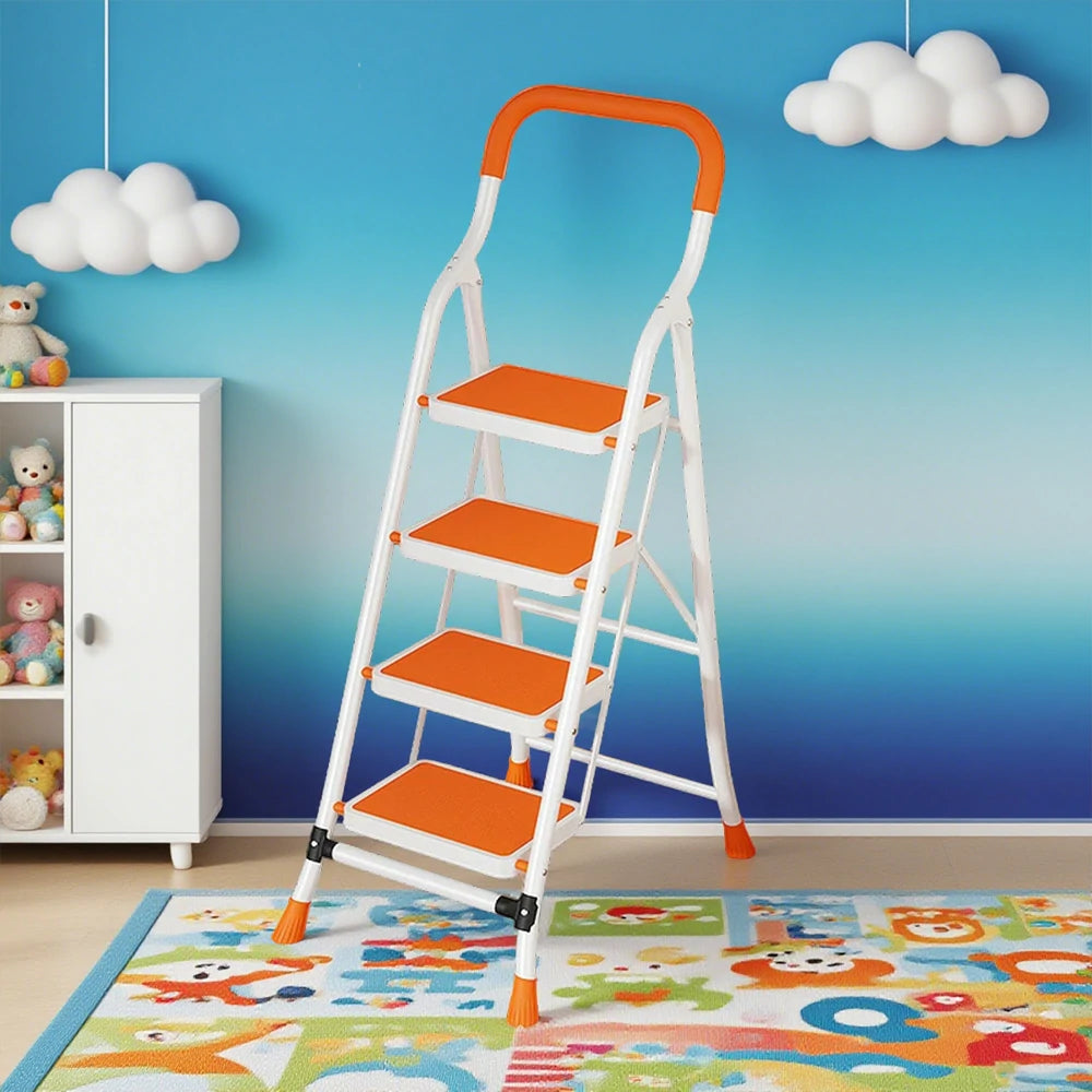 GROVIA 4/5/6-Step Carbon Steel Folding Ladder - 7cm Slim Design, 26cm Wide Non-Slip Pedal, Anti-Slip Feet - Orange