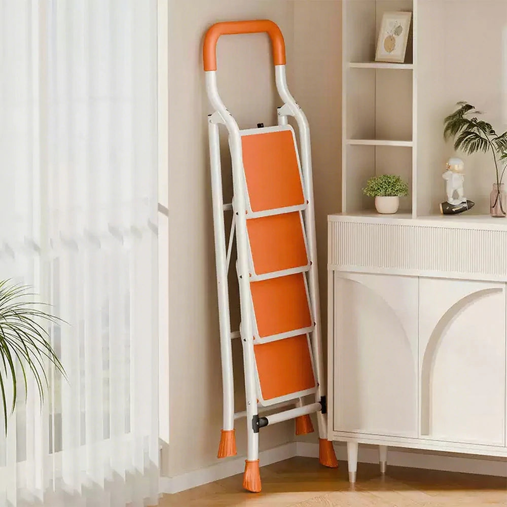GROVIA 4/5/6-Step Carbon Steel Folding Ladder - 7cm Slim Design, 26cm Wide Non-Slip Pedal, Anti-Slip Feet - Orange