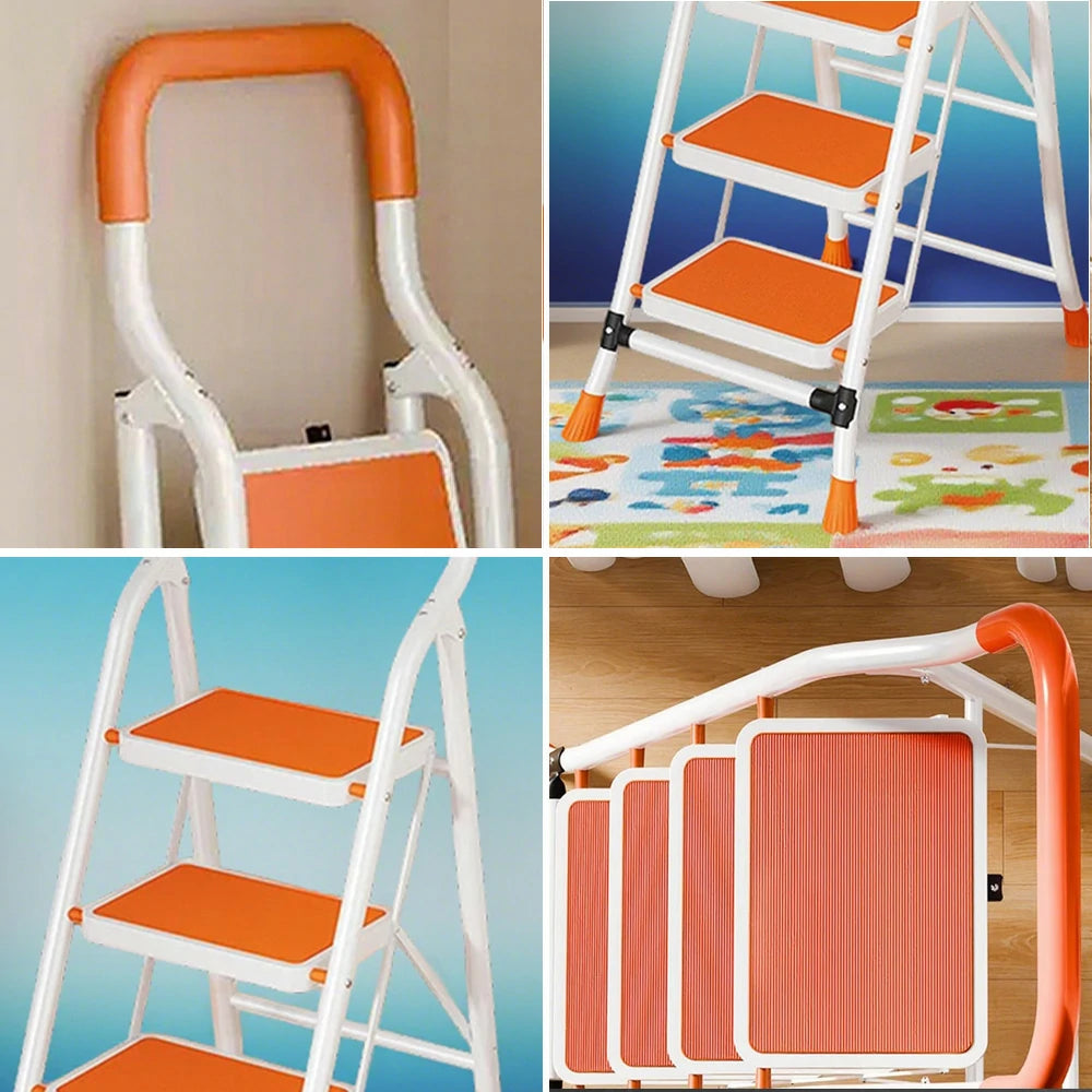 GROVIA 4/5/6-Step Carbon Steel Folding Ladder - 7cm Slim Design, 26cm Wide Non-Slip Pedal, Anti-Slip Feet - Orange