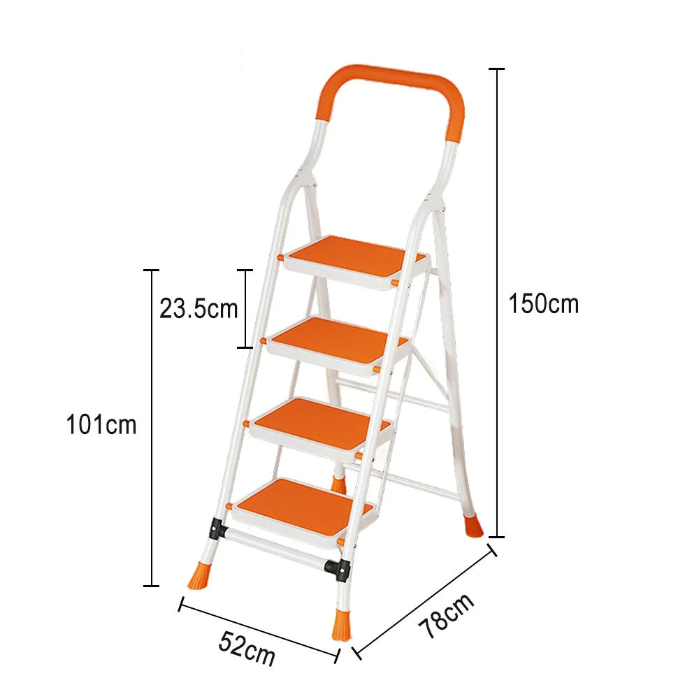 GROVIA 4/5/6-Step Carbon Steel Folding Ladder - 7cm Slim Design, 26cm Wide Non-Slip Pedal, Anti-Slip Feet - Orange
