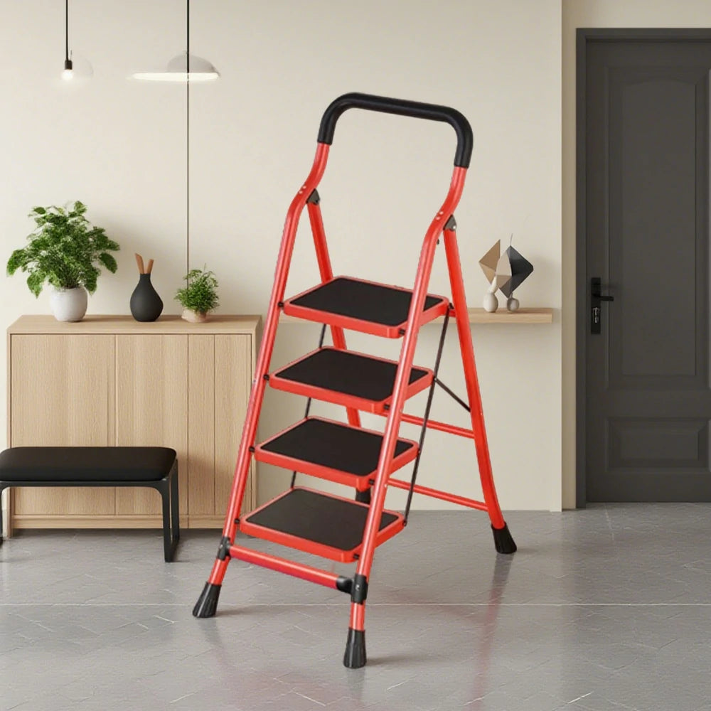GROVIA 4/5/6-Step Carbon Steel Slim Folding Ladder - 7cm Thick, 26cm Non-Slip Pedal, Stable Anti-Slip Feet - Red