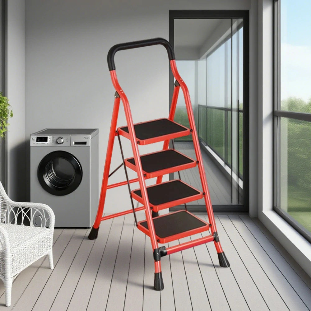 GROVIA 4/5/6-Step Carbon Steel Slim Folding Ladder - 7cm Thick, 26cm Non-Slip Pedal, Stable Anti-Slip Feet - Red