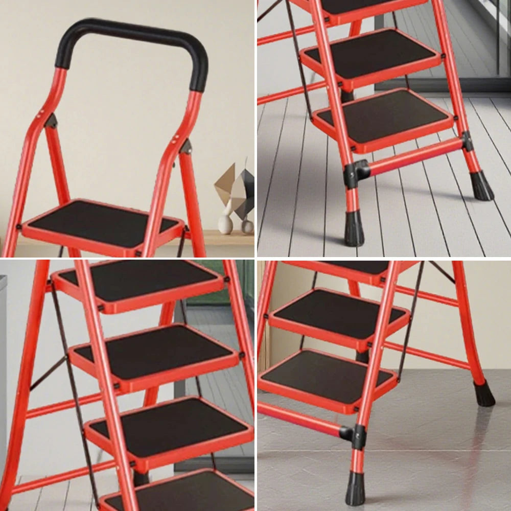 GROVIA 4/5/6-Step Carbon Steel Slim Folding Ladder - 7cm Thick, 26cm Non-Slip Pedal, Stable Anti-Slip Feet - Red