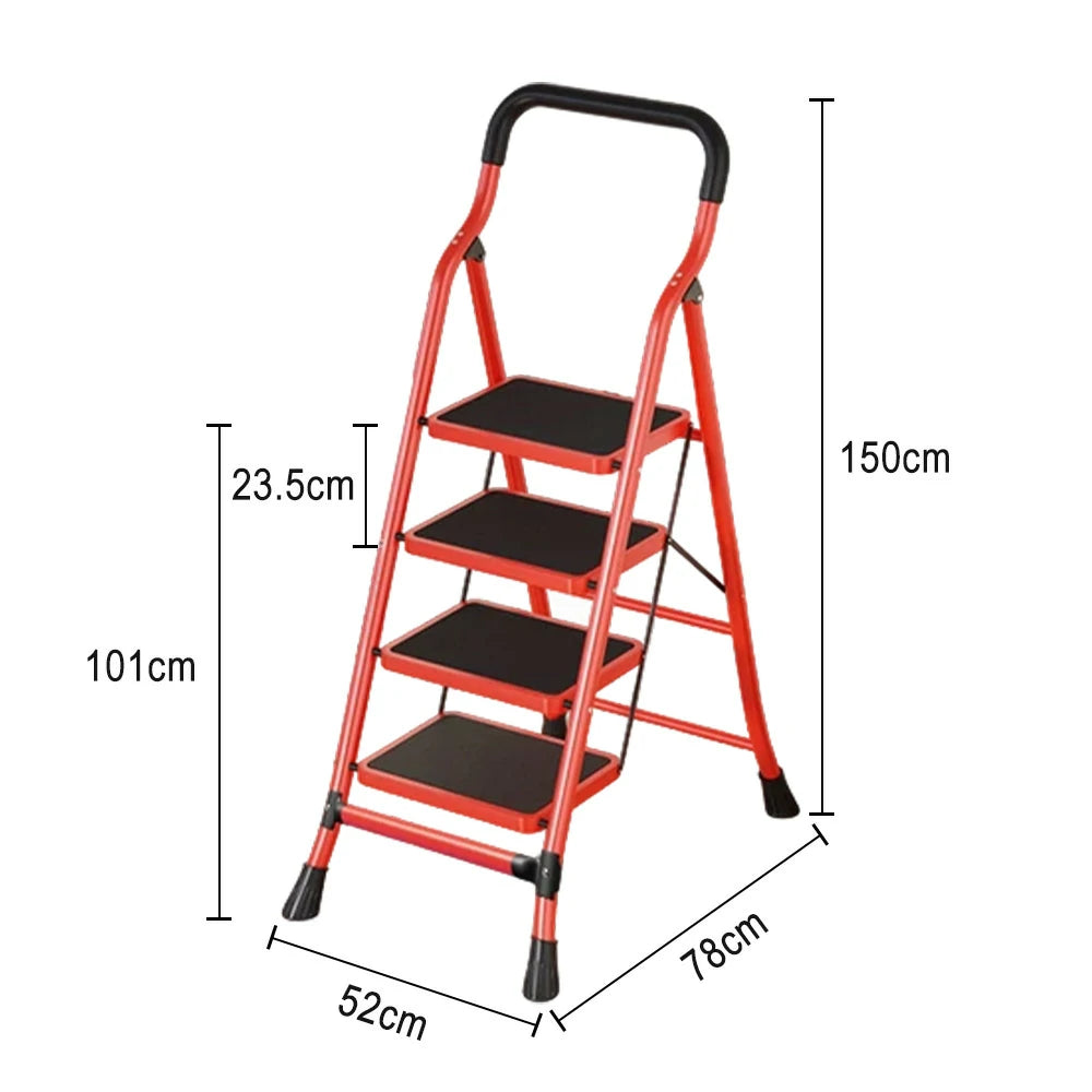 GROVIA 4/5/6-Step Carbon Steel Slim Folding Ladder - 7cm Thick, 26cm Non-Slip Pedal, Stable Anti-Slip Feet - Red