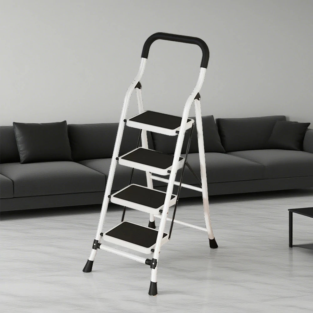 GROVIA 4/5/6-Step Carbon Steel Slim Folding Ladder - 7cm Thick, 26cm Non-Slip Pedal, Stable Anti-Slip Feet - White