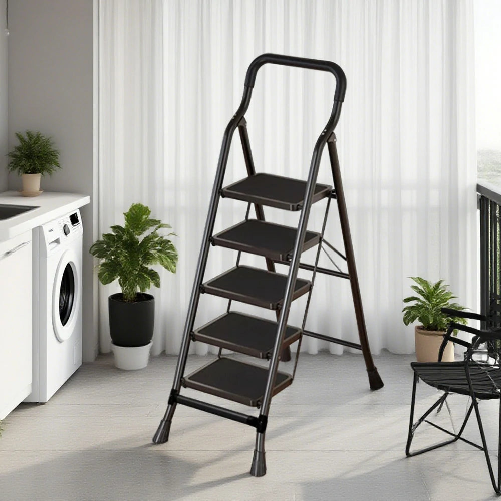 GROVIA 4/5/6-Step Carbon Steel Folding Ladder - 7cm Slim Design, 26cm Wide Non-Slip Pedal, Anti-Slip Feet - Black