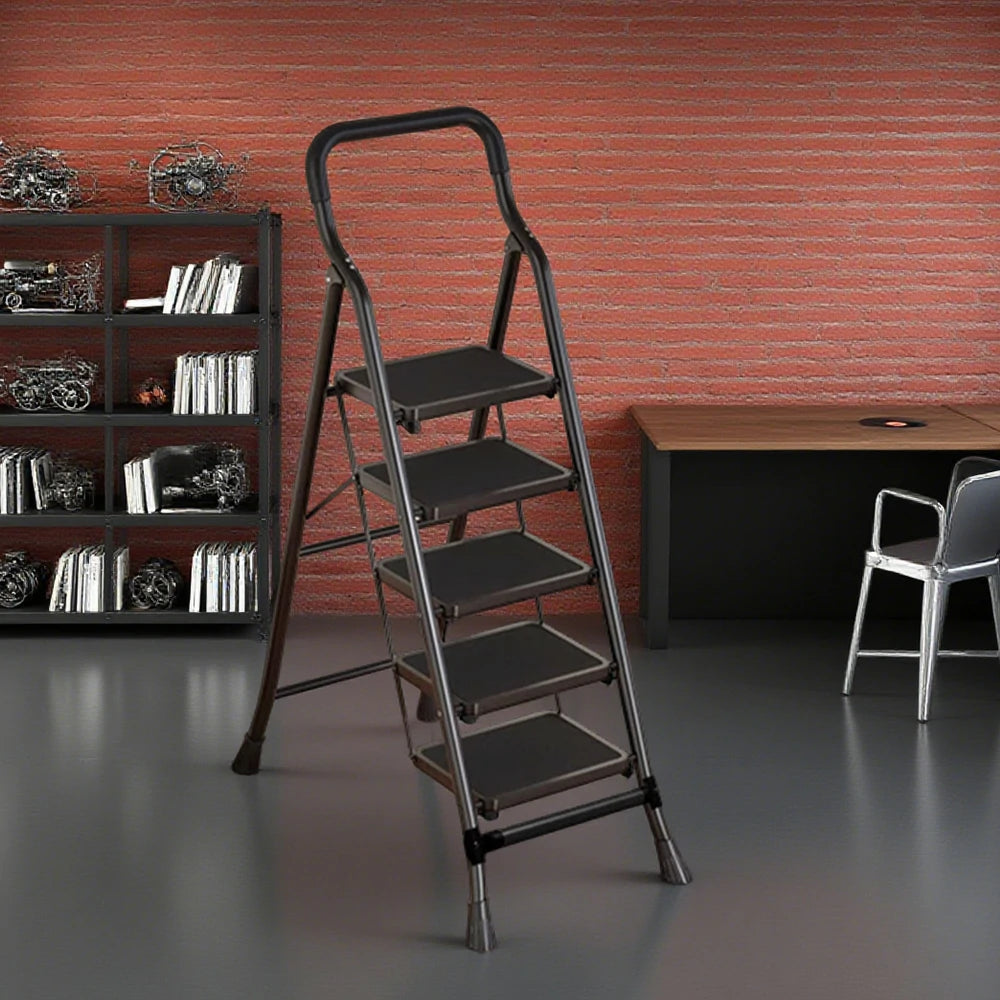 GROVIA 4/5/6-Step Carbon Steel Folding Ladder - 7cm Slim Design, 26cm Wide Non-Slip Pedal, Anti-Slip Feet - Black