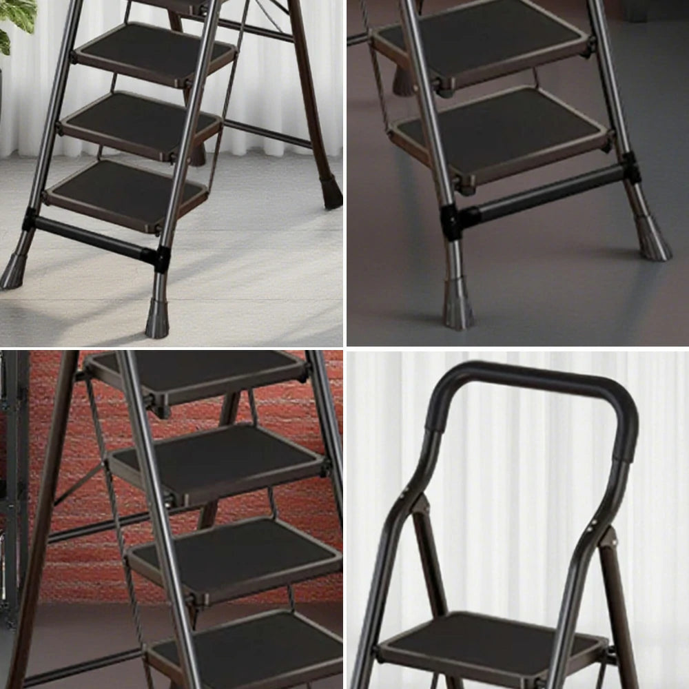 GROVIA 4/5/6-Step Carbon Steel Folding Ladder - 7cm Slim Design, 26cm Wide Non-Slip Pedal, Anti-Slip Feet - Black