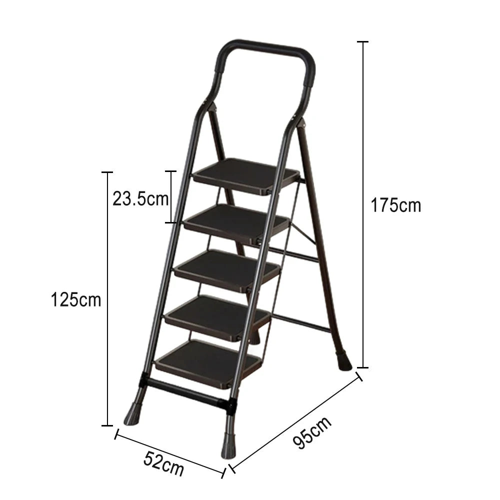 GROVIA 4/5/6-Step Carbon Steel Folding Ladder - 7cm Slim Design, 26cm Wide Non-Slip Pedal, Anti-Slip Feet - Black