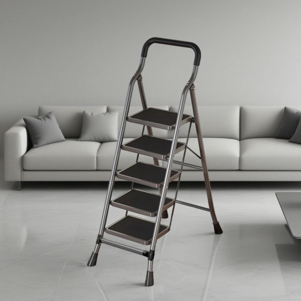 GROVIA 4/5/6-Step Carbon Steel Folding Ladder - 7cm Slim Design, 26cm Wide Non-Slip Pedal, Anti-Slip Feet - Gray