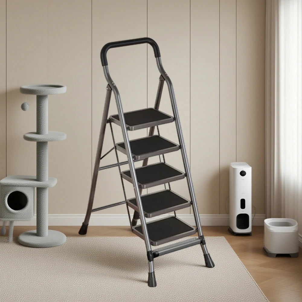 GROVIA 4/5/6-Step Carbon Steel Folding Ladder - 7cm Slim Design, 26cm Wide Non-Slip Pedal, Anti-Slip Feet - Gray