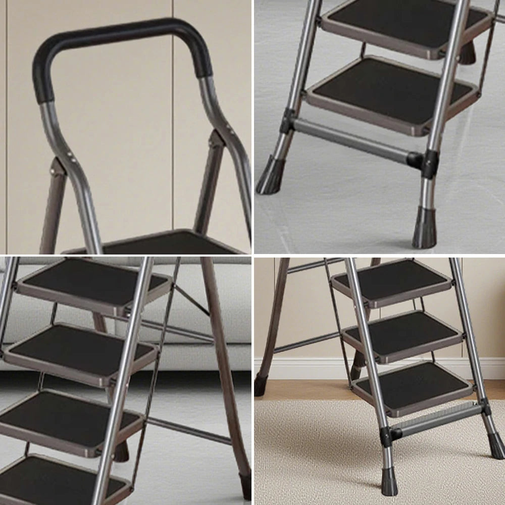 GROVIA 4/5/6-Step Carbon Steel Folding Ladder - 7cm Slim Design, 26cm Wide Non-Slip Pedal, Anti-Slip Feet - Gray