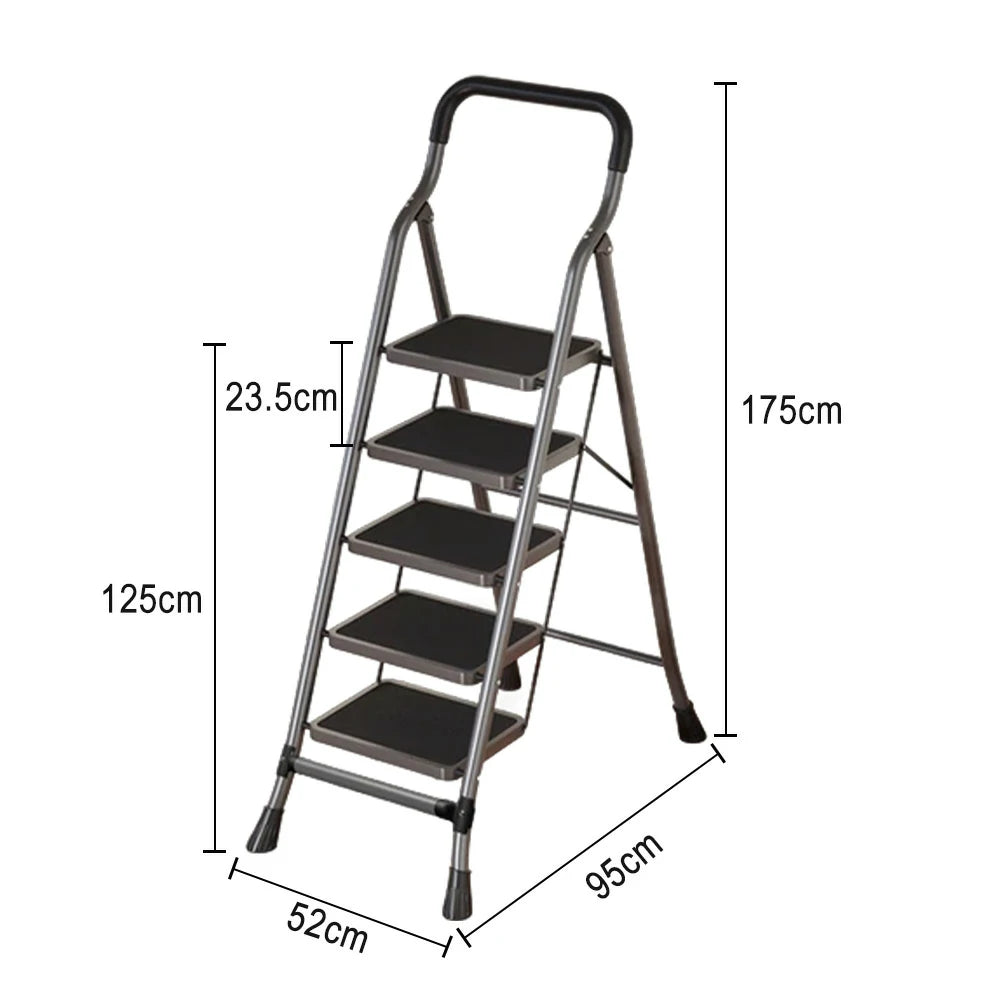 GROVIA 4/5/6-Step Carbon Steel Folding Ladder - 7cm Slim Design, 26cm Wide Non-Slip Pedal, Anti-Slip Feet - Gray
