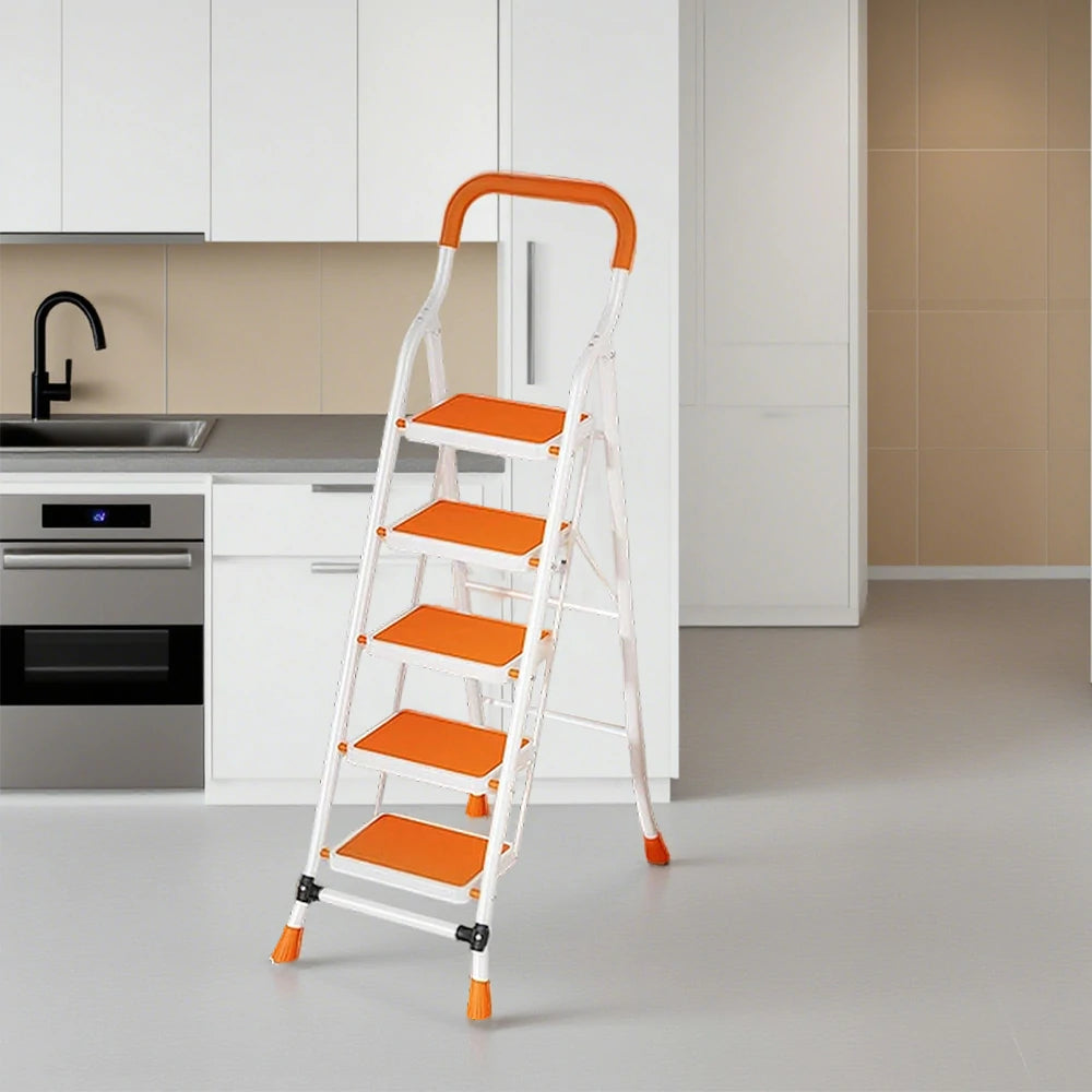 GROVIA 4/5/6-Step Carbon Steel Folding Ladder - 7cm Slim Design, 26cm Wide Non-Slip Pedal, Anti-Slip Feet - Orange
